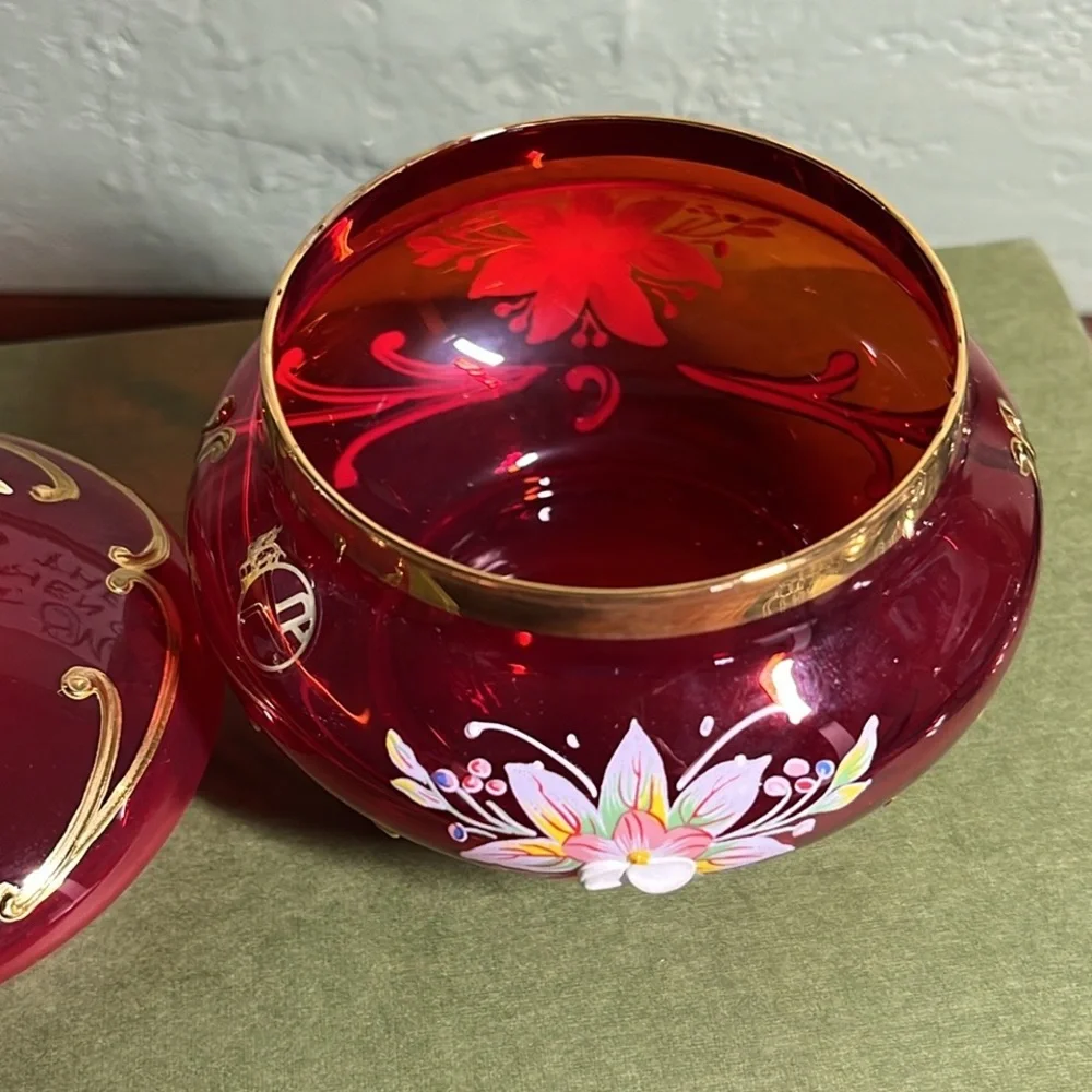 Authentic Bohemian Czech Ruby Red Cased Glass Jar Hand Painted 24K Gold